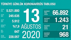 Türkiye 13 Ağustos koronavirüs tablosu