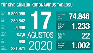 Türkiye 17 Ağustos koronavirüs tablosu
