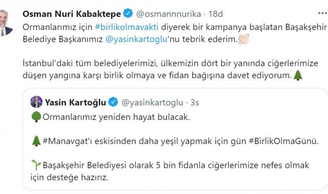 AK Parti İstanbul İl Başkanı Kabaktepe'den orman yangınlarına karşı anlamlı çağrı